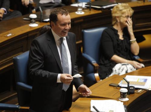 Hugh McFadyens last day in the Manitoba legislature. Here he reads his daily hororscope to the house.  June 14, 2012  BORIS MINKEVICH / WINNIPEG FREE PRESS