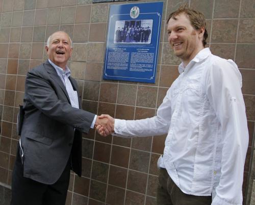 Alpine Club of Canada gets a plaque on Smith and Portage Ave. André Mahé and Simon Statkewich unveil the plaque. June 15, 2012  BORIS MINKEVICH / WINNIPEG FREE PRESS