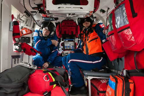 The STARS air ambulance medical team has little room to manoeuvre in the back of the helicopter, but access to a variety of critical care equipment. Flight nurse Rhonda Kaluzny (right) and flight paramedic Grant Therrien inside the tiny back compartment. 120619 - Tuesday, June 19, 2012 -  Melissa Tait / Winnipeg Free Press