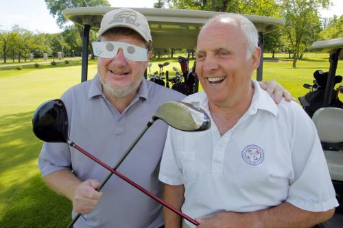 BLIND GOLF - DOUG SPEIRS COLUMN- Blind golf champion Victor Goetz at Tuxedo Golf Course. Here his is with Doug and his special glasses from CNIB.  June 25, 2012  BORIS MINKEVICH / WINNIPEG FREE PRESS