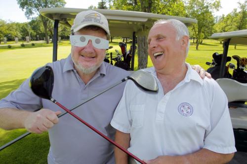 BLIND GOLF - DOUG SPEIRS COLUMN- Blind golf champion Victor Goetz at Tuxedo Golf Course. Here his is with Doug and his special glasses from CNIB.  June 25, 2012  BORIS MINKEVICH / WINNIPEG FREE PRESS