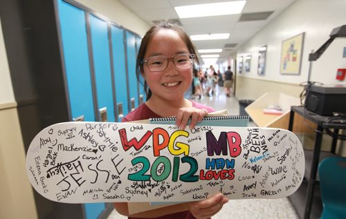 Windsor School Class of 2017 Grade seven students spend their last day of school going for ice cream to the BDI, signing year books and saying goodbye's to their grade seven classmates that are moving on to high school and Han an exchange student who is going home after spending a year with her classmates in Canada. See Doug Speirs story. Also see more photo's taken June 20.  June 29,  2012 (Ruth Bonneville/Winnipeg Free Press)