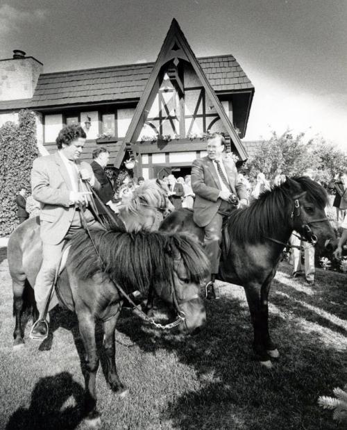 Mayor David Oddson of Reykjevik, Iceland and Mayor Bill Norrie mount icelandic horses at a reception held at the Round Table restaurant. undated (KEN GIGLIOTTI / WINNIPEG FREE PRESS) archives