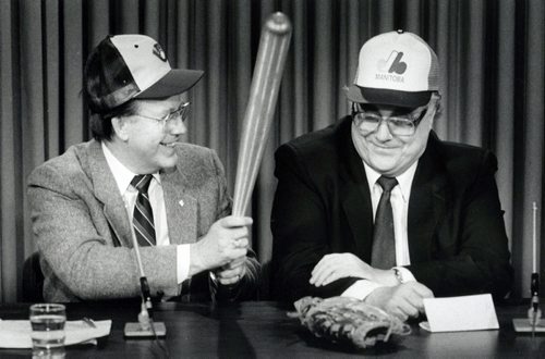 Mayor Bill Norrie jokes with Manitoba Sports Minister Larry Desjardins during a press conference announcing a $6-million agreement between the province and the city to build a baseball stadium. 1986 (WAYNE GLOWACKI / WINNIPEG FREE PRESS) archives