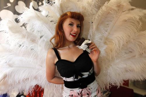 My Stuff. Burlesque Artist Miss Angela La Muse, Friday, July 6, 2012. With chocolate, retro dress and white ostrich-feather fans. (TREVOR HAGAN/WINNIPEG FREE PRESS) - for Carolin Vesely