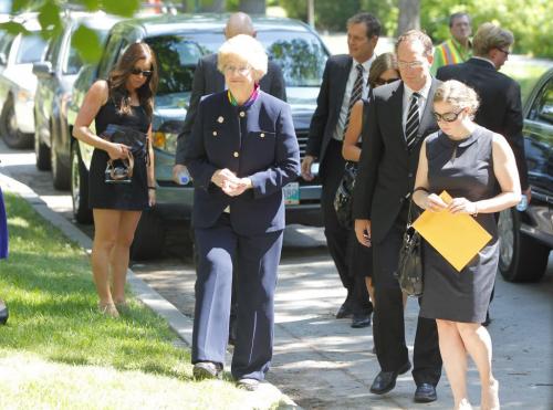 Bill Norrie funeral. Crescent Fort Rouge United Church. Helen Norrie in blue suit. July 11, 2012  BORIS MINKEVICH / WINNIPEG FREE PRESS
