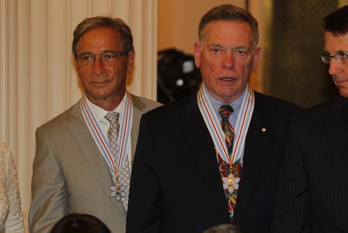 The Order of Manitoba awards given out at the Leg. Bob Silver, the president and co-owner of Western Glove Works, co-owner of the Winnipeg Free Press, and the chancellor of the University of Winnipeg and Randy Moffat, the former CEO of Moffat Communications Ltd., and the philanthropist who donated $100 million to the Winnipeg Foundation in creating the Moffat Family Fund. July 12, 2012  BORIS MINKEVICH / WINNIPEG FREE PRESS