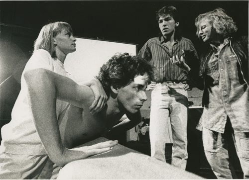 Stephen McIntyre as Iggy (foreground) in 'Mind of the Iguana'. (LtoR, background) Lora Schroeder, as Anna, Brian Drader, as Harry, and Bonnie Hay, as Barb. Winnipeg Fringe Festival. July 15 1988. WAYNE GLOWACKI / WINNIPEG FREE PRESS.
