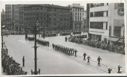 Winnipeg Free Press Archives Wartime Winnipeg (04) May 23, 1944 Army Day Parade on street car streetcar rails, Main Street heading north from Portage Avenue. fparchive