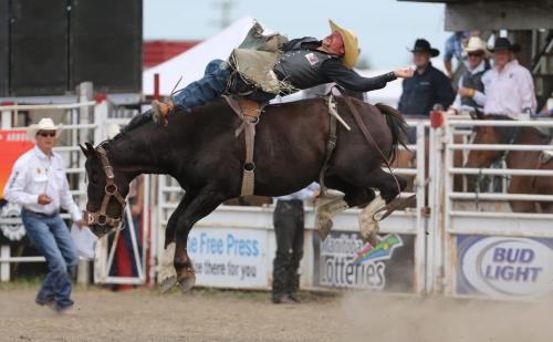 Michael Solberg, from Sunnynook, Alberta, competes in the Bareback competition at the Morris Stampede, Saturday, July 21, 2012. Competitors try to stay on the bucking bronco for 8 seconds, and are judged. (TREVOR HAGAN/WINNIPEG FREE PRESS)