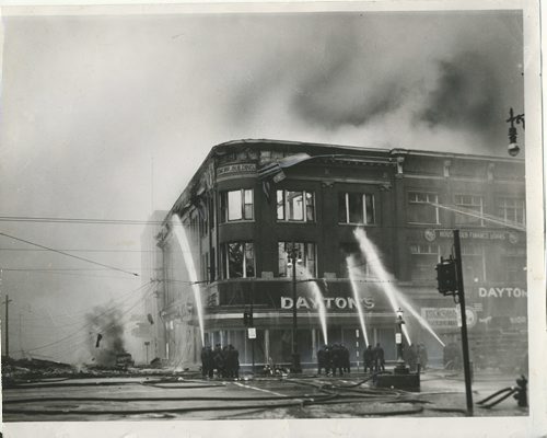 Winnipeg Free Press Archives Time Building Fire  (05) June 8, 1954 Firemen had arrived at 1 a.m., warned by an automatic alarm ... the fire, stubborn but confined for hours , fin- ally broke loose, fanned by the gale ...by 5 a.m. the Time building glowed with flame ... suddenly just after 6 a.m. the east wall fell spreading the fire to the Dismorr block across Hargrave street. . . within minutes the front wall of the Time building fell... by 8 a.m. the Dismorr building, too, was lost . . .  fparchive