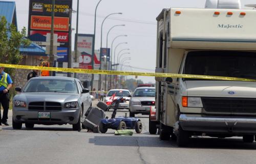 A pedestrian was taken to hospital late this morning following a collision with a vehicle at Portage Avenue and Rouge Road. A police release just before 1 p.m. calls the collision 'a serious motor vehicle collision involving a pedestrian.'  July 24, 2012  BORIS MINKEVICH / WINNIPEG FREE PRESS
