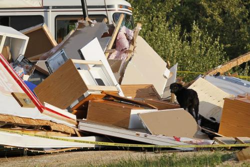 July 29, 2012 - 120729  -  A family dog stands in the rubble after strong winds and possibly a tornado lifted this home off of it's foundation and turned it upside down on Lake Francis Road just south of Twin Beach Road and south of St. Laurent, Manitoba Sunday July 29, 2012.    John Woods / Winnipeg Free Press