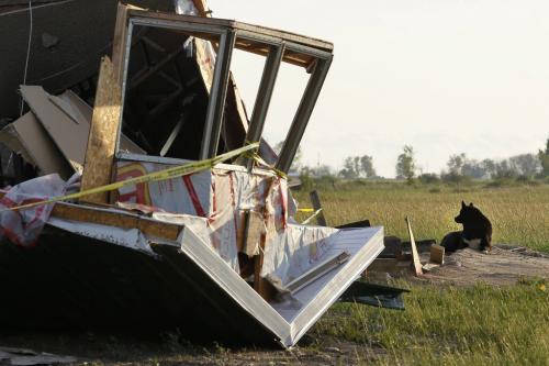 July 29, 2012 - 120729  -  A family dog waits for his family to return home after strong winds and possibly a tornado lifted this home off of it's foundation and turned it upside down on Lake Francis Road just south of Twin Beach Road and south of St. Laurent, Manitoba Sunday July 29, 2012.    John Woods / Winnipeg Free Press