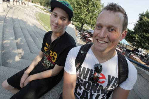 July 31, 2012 - 120801  -  Tom McNorgan (R) and his friend Derek Komatich are photographed at the Forks  Tuesday July 31, 2012. They are organising a fundraising concert for CancerCare Manitoba. John Woods / Winnipeg Free Press  Re: Volunteer column by Carolyn Shimmin