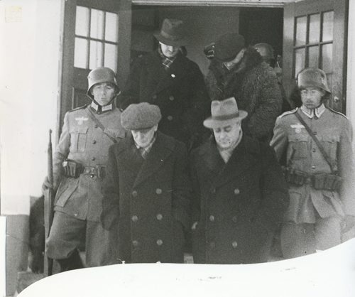 Winnipeg Free Press Archives  If Day - World War II - (14) Feb. 19, 1942 Nazi Storm Troopers Demonstrate Invasion Tactics Nazis arrest Secretary-Treasurer Outhwaite, Mayor Berrisford and other citizens at Selkirk.  fp archive
