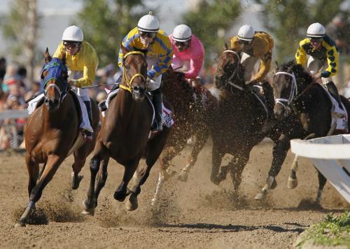 August 6, 2012 - 120806  -  Paul Nolan and Balooga Bull (2nd from left) leads the pack around the first bend and easily takes the Manitoba Derby at Assiniboia Downs Monday August 6, 2012.    John Woods / Winnipeg Free Press