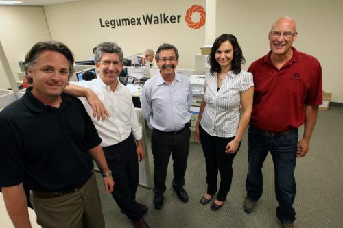 The Legumex Walker Team- L to R- Anthony Kulbacki, Joel Horn, Gabriel Schujman, Lucie Wiens, and Mike Duncan pose for a shot in the Legumex Walker administration office at 1345 Kenaston Blvd. - See McNeill story August 13, 2012   (JOE BRYKSA / WINNIPEG FREE PRESS)