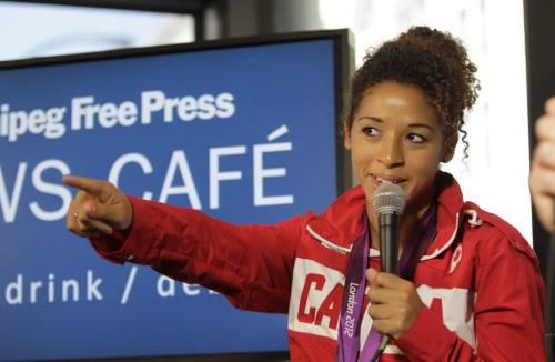Canadian soccer Olympian and bronze medalist  Desiree Scott visits Free Press News Café Friday. Geoff Kirbyson story.(WAYNE GLOWACKI/WINNIPEG FREE PRESS) Winnipeg Free Press  Aug. 17  2012