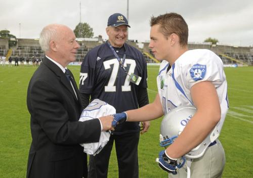 Left to right: His Excellency Loyola Hearn, Canadian Ambassador to Ireland, with NFL legend Mike McCoy and Alex Toback of the Oak Park Raiders football team. The Winnipeg team was in Ireland to play against King City, Ont.'s St. Thomas of Villanova College, Friday, Aug. 31, 2012 in Pairc Tailteann in Navan, County Meath, about 50 kilometres north of Dublin. The game was part of the Global Football tournament in Ireland. Oak Park (Winnipeg) and Villanova College (King CIty, Ont.) were the two Canadian teams who joined 12 other U.S. high schools to promote football overseas. Pat Murphy / SPORTSFILE  ***NO REPRODUCTION FEE***
