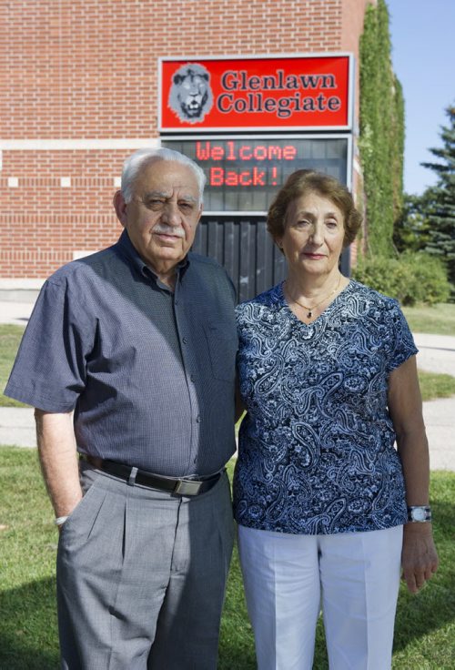 120831 Winnipeg - Farouk and Laila Chebib outside of Glenlawn Collegiate Friday morning. They have set up a bursary fund for one grade 12 students in each school division in the Winnipeg area. The Bridge Builder award will be given to a student ÄúMaking a recognized positive contribution to society through civic engagement and/or volunteering experience. Substantial contribution to building or mending broken multi-ethnic, multi-faith and multicultural bridges.Äù DAVID LIPNOWSKI / WINNIPEG FREE PRESS
