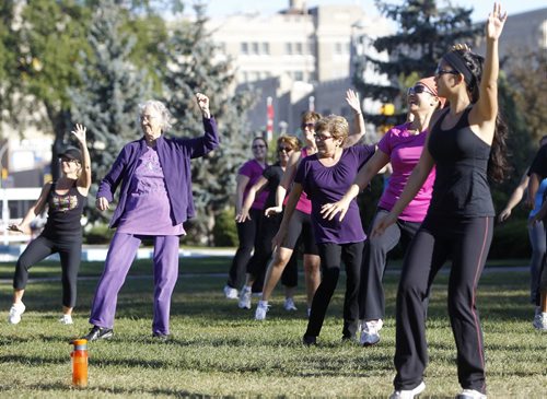 About 40 people participate in a Zumba-thon in Memorial park, raising funds for the Noeth Point Douglas Women's Centre, Sunday, September 9, 2012. (TREVOR HAGAN/WINNIPEG FREE PRESS)