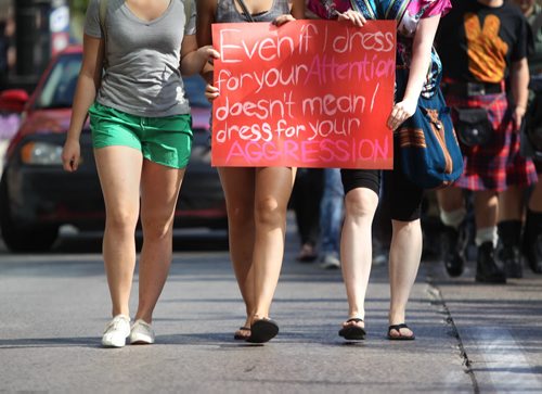 Protestors make their way on a peaceful walk to the  Legislature Saturday afternoon during the annual "Slut Walk" which raises awareness and judgement  of rape victims.  See Kevin Rollason's story. Sept 15,  2012 (Ruth Bonneville/Winnipeg Free Press)