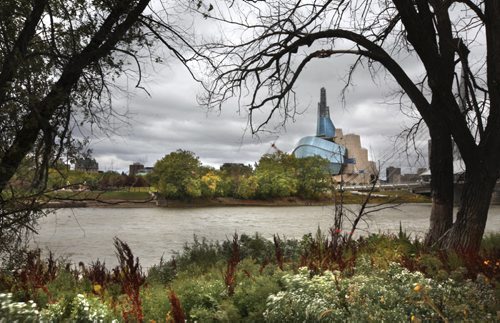 The Canadian Museum for Human Rights graces the fall,  prairie landscape as it sits on the banks of the Red River in its final stage of completion of its exterior on a windy, Wednesday afteroon.   Sept 19,  2012 (Ruth Bonneville/Winnipeg Free Press) CMHR