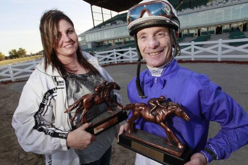September 23, 2012 - 120923  -  Paul Nolan (R) was awarded the Jockey of the Year award and Shelley Brown was awarded the Trainer of the Year at Assiniboia Downs Sunday September 23, 2012.  John Woods / Winnipeg Free Press