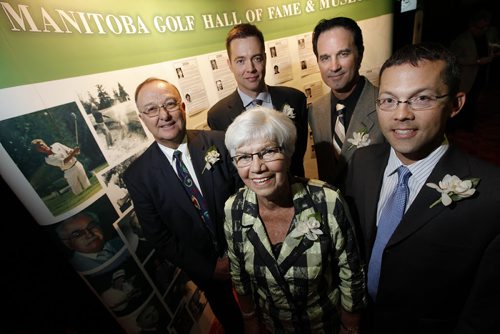 September 24, 2012 - 120924  -  (L to R) Steve Bannatyne, Casey Walsh, son of Tannys Aspevig (deceased), Joyce Collier, Glen Hnatiuk and Dale Goehring were inducted into the Manitoba Golf Hall of Fame Monday September 24, 2012 at McPhillips Station Casino.  John Woods / Winnipeg Free Press