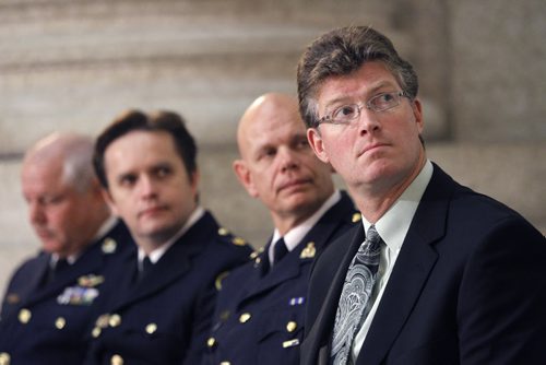 From right, Andrew Swan, Minister of Justice and Attorney General, Chief Superintendent Scott Kolody, Acting Commanding Officer, RCMP "D" Divison, Inspector Gord Perrier, Winnipeg Police Service and  Chief Keith Atkinson, Brandon Police Service at the  Amber Alert Facebook announcement in the Manitoba Legislative Bld. Thursday. Bruce Owen story  (WAYNE GLOWACKI/WINNIPEG FREE PRESS) Winnipeg Free Press  Oct.4  2012