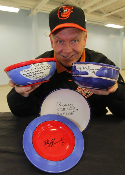 Duncan Stokes with some custom ceramic autographed bowls at Winnipeg Harvest. They are signed by various Winnipeg Jets legends. They will be auctioned off at The Empty Bowl Celebrity Auction this coming up Tuesday October 9th at the Delta Winnipeg.. October 5, 2012  BORIS MINKEVICH / WINNIPEG FREE PRESS