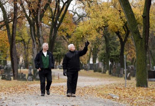 (right) Elmwood Cemetery executive director  Bob Filuk  and (left ) Matt Vinet of the International Society of Arboriculture  look over the elm trees at the cemetery , there are were over  96 elms lost to Dutch Elm Disease , International Society of Arboriculture 's Prairie divion will  donate their services  Oct 20  between 10am and 4pm to  prune  dead braches  in a ÄúDay Of ServiceÄù - (Gord Sinclair Story)  leaving the   cemetery  with 520 trees Äì The   KEN GIGLIOTTI  / WINNIPEG FREE PRESS  /  OCT. 9 2012