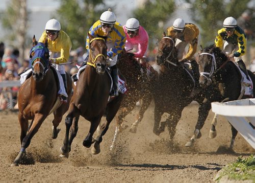 August 6, 2012 - 120806  -  Paul Nolan and Balooga Bull (2nd from left) leads the pack around the first bend and easily takes the Manitoba Derby at Assiniboia Downs Monday August 6, 2012.    John Woods / Winnipeg Free Press