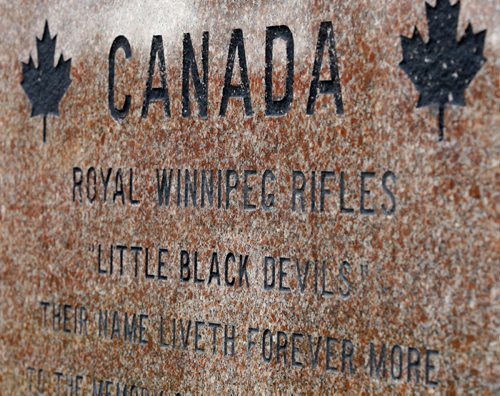 Manitoba Cenotaphs and War Memorials  Project - Honouring the Scarifice -  Vimy Ridge Memorial Park on Portage Ave  Monument to the Royal Winnipeg  Rifles nicknamed  " Little Black Devils' - kgwarmemorial finds war memorial and cenotaph collection - KEN GIGLIOTTI  / WINNIPEG FREE PRESS  / May 7 2012