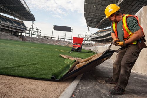A worker tugs on one of the final piece of artificial turf at Investors Group Field. The new turf was laid down this week by the company FieldTurf and they will add 500 tonnes of rubber and sand to create the "infill" that reduces injuries on impact. Melissa Tait / Winnipeg Free Press