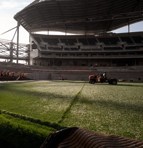 The final piece of artificial turf was laid down to create the new field for the Blue Bombers at Investors Group Field. The turf was laid down this week by the company FieldTurf and they will add 500 tonnes of rubber and sand to create the "infill" that reduces injuries on impact. Melissa Tait / Winnipeg Free Press