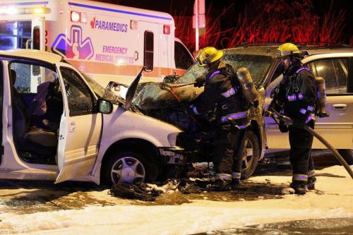 October 23, 2012 - 121023  -  Police and emergency personnel attend to a two vehicle collision on Academy at Wilton Tuesday October 23, 2012. Several people including children were taken to hospital. John Woods / Winnipeg Free Press