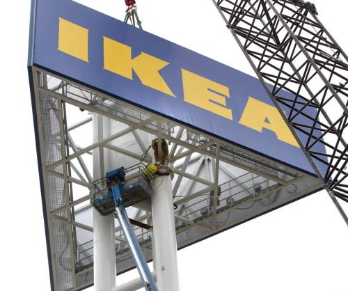 Giant IKEA sign is installed in front of the Winnipeg store on Kenaston Blvd. Wednesday. (WAYNE GLOWACKI/WINNIPEG FREE PRESS) Winnipeg Free Press  Oct.24   2012