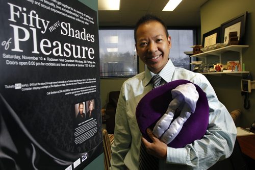Dr. Reece Malone, a private sexologist holds a vulva puppet, he is involved with the up coming Fifty more Shades of Pleasure workshop. Carolin Vesely story  (WAYNE GLOWACKI/WINNIPEG FREE PRESS) Winnipeg Free Press  Oct.26   2012