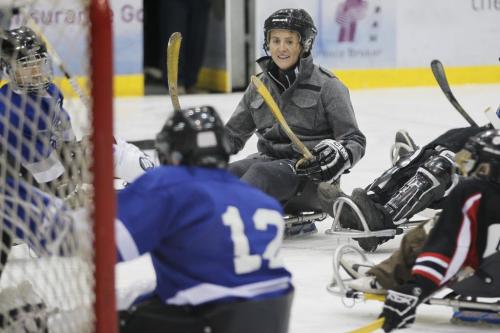 October 27, 2012 - 121027  -  Five time Olympian Hayley Wickenheiser got out on the ice today, Saturday October 27, 2012, in a means she is not used to and skated with the kids from the junior program of the Manitoba Sledge Hockey Association organized by the Society of Manitobans with Disabilities at the MTS Iceplex in Winnipeg. Wickenheiser was in town playing for the University of Calgary against the University of Manitoba Bisons. John Woods / Winnipeg Free Press