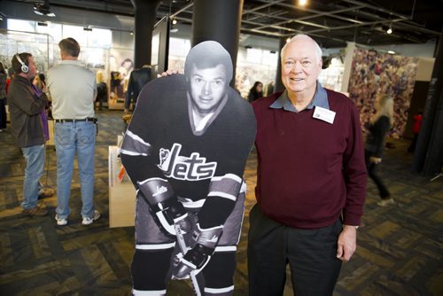 121027 Winnipeg - Ab McDonald poses with a cutout of himself during the grand opening of the Manitoba Sports Hall of Fame Saturday afternoon. Ab McDonald was the first captain of the Winnipeg Jets, and scored their first ever goal. DAVID LIPNOWSKI / WINNIPEG FREE PRESS