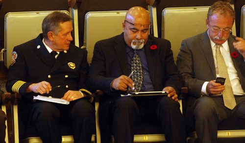 - STDUP City Hall Protection Committee meeting ÄìLeft Wpg Fire Chief Reid Douglas ,Wpg City centre COO Deepak  Joshi ,far right City CAO Phil Sheegl  attend the meeting to address how  an extra $2.2 million was added to the construction cost of Fire Hall #11  located a Portage Ave  at the Route 90 overpass Äì pic taken just before city hall meeting took place - KEN GIGLIOTTI  / WINNIPEG FREE PRESS  / Oct 29 2012