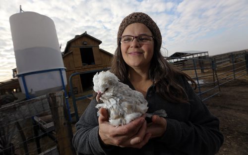 Louise May on her farm along with one of her chickens, Gertrude, who were kicked out of City Hall earlier today, Monday, October 29, 2012. (TREVOR HAGAN/WINNIPEG FREE PRESS)