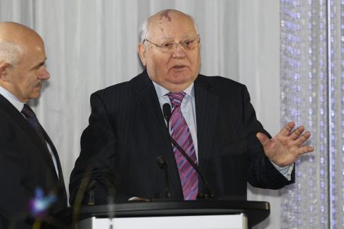 October 29, 2012 - 121029  -  Former Russian president Mikhail Gorbachev with his translator (L), speaks after receiving the key to the city from Mayor Sam Katz Monday October 29, 2012 at the Radisson Hotel. Gorbachev is a speaker at We Day in Winnipeg. John Woods / Winnipeg Free Press
