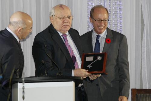 October 29, 2012 - 121029  -  Former Russian president Mikhail Gorbachev with his translator (L), receives the key to the city from Mayor Sam Katz Monday October 29, 2012 at the Radisson Hotel. Gorbachev is a speaker at We Day in Winnipeg. John Woods / Winnipeg Free Press