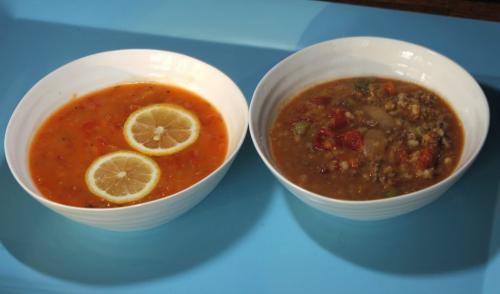 Soups made with tomatos. Red Lentil Soup,right, and Fresh Tomato Soup/lemon slices, left. October 29, 2012  BORIS MINKEVICH / WINNIPEG FREE PRESS