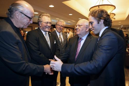 October 29, 2012 - 121029  -  Former Russian president Mikhail Gorbachev with Craig Keilburger, is introduced to (L to R) Art DeFehr, Leo Ledohowski and Greg Selinger Monday October 29, 2012 at the Radisson Hotel. Gorbachev is a speaker at We Day in Winnipeg. John Woods / Winnipeg Free Press