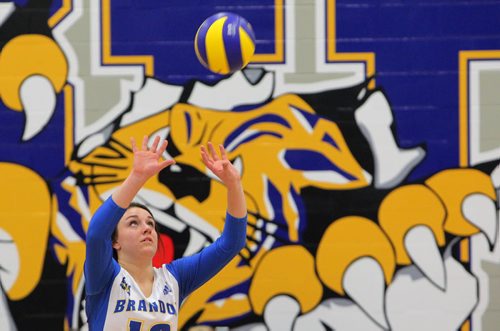 Brandon Sun 02112012 Mary Thomson #10 of the Brandon Bobcats women's volleyball team sets the ball during the Bobcats home opener against the Thompson Rivers University Wolfpack at the brand new Brandon University Healthy Living Centre on Friday evening. (Tim Smith/Brandon Sun)