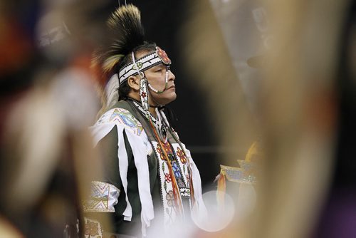 November 4, 2012 - 120925  -  A dancer waits to dance in the Men's Grass Dance at Manito Ahbee at the MTS Centre Sunday November 4, 2012.  John Woods / Winnipeg Free Press